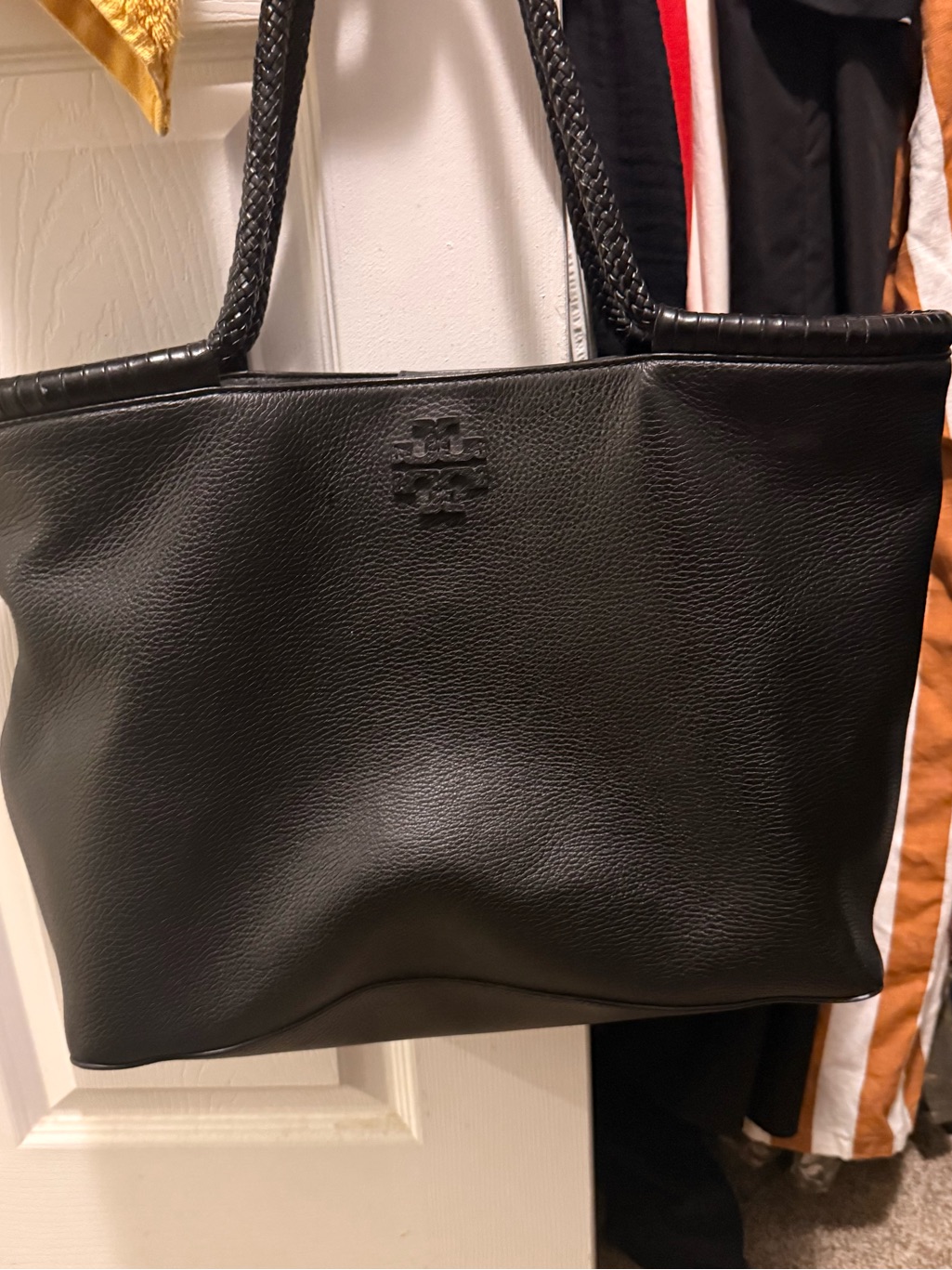 Tory Burch Black Braided-Handle Leather Tote